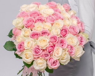 Букет из 51 белой и розовой розы 50-60 см (Россия) под ленту  small - 2