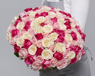 Букет из 101 розы нежный микс 35-40 см (Россия) под ленту  small - 2